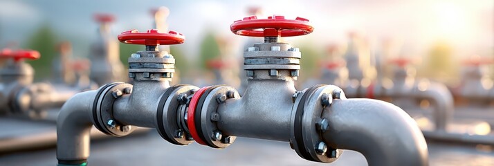 Close-up of industrial gas pipes with red valve handles in sunlight