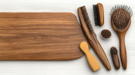 Wooden Hairbrushes and Combs on White Wooden Background