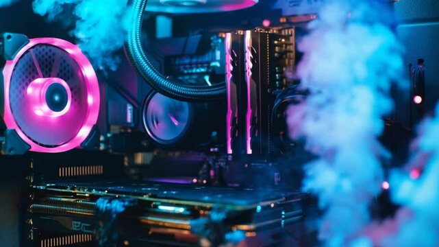 Inside a High-Performance Gaming PC with RGB Lighting and Atmospheric Smoke Effects