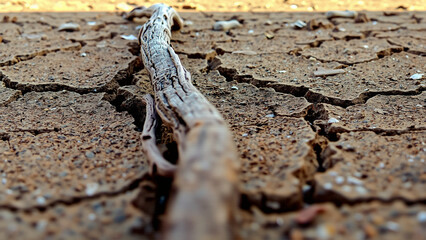 Close-up of a dry, cracked earth surface with a single weathered twig lying across the fissures,...