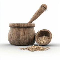Wooden Mortar and Pestle with Light Brown Grains on White Background