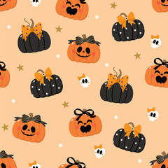 Happy halloween seamless pattern wallapaper  with spooky pumpkin, cute bow and ribbon. Holidays cartoon character. -Vector