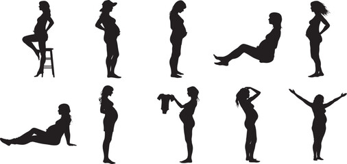 Pregnant Woman silhouettes Belly Growth Collection set. clip art, back lit, beauty, bonding, outline, design element, men