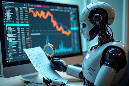 Futuristic AI Robot Using Magnifying Glass to Analyze Financial Data on Computer Screen with Tax and Audit Alerts - Powered by Adobe