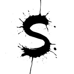 Uppercase letter S black ink splatter art, Expressive uppercase letter "S" painted with bold black ink and dramatic splatter effects on a light background, perfect for creative typography and design 
