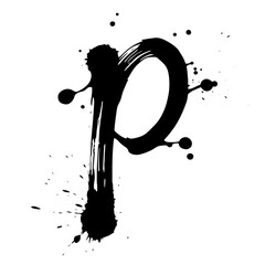 Lowercase letter p bold ink splatter art, Expressive lowercase letter "p" created with bold black ink and dynamic splatter on a light background, perfect for creative typography and modern design.

