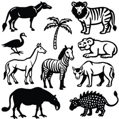 Obraz premium Collection of black and white silhouette illustrations of various wild animals and a palm tree