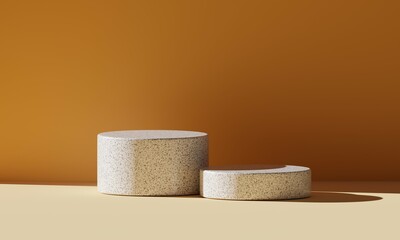 Warm earthy tone product display pedestals with natural light and shadow on a minimalist stage background. 3D Rendering