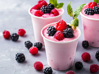 Fresh Berry Yogurt Cups with Mint Garnish on Gray Background