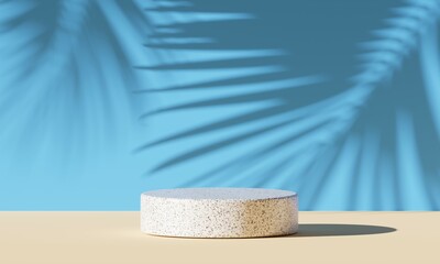 Cylindrical stone product display with tropical palm leaf shadows on a blue and beige background. 3D Rendering