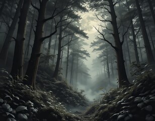 un bosque tenebroso con niebla