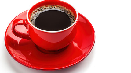 Obraz premium Brewed Black Coffee in Bright Red Cup on White Surface Perfect for Morning Routine or Coffee Shop Promotion