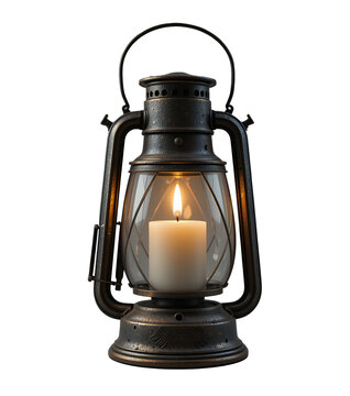 Vintage rustic metal lantern illuminating a warm candle flame in a dark setting