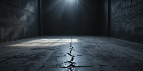 Dark industrial concrete room with cracked floor illuminated by narrow beams of light from above