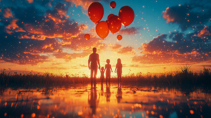 Family's joyful walk at dusk with floating balloons, creating a heartwarming scene against the brilliant sky, and a reflective horizon.