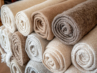 Soft Textured Woolen Blankets Rolled Neatly in Various Colors