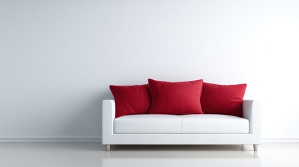 Obraz premium Modern white sofa with red cushions against a minimalist wall, creating a stylish and inviting living room atmosphere with ample copy space