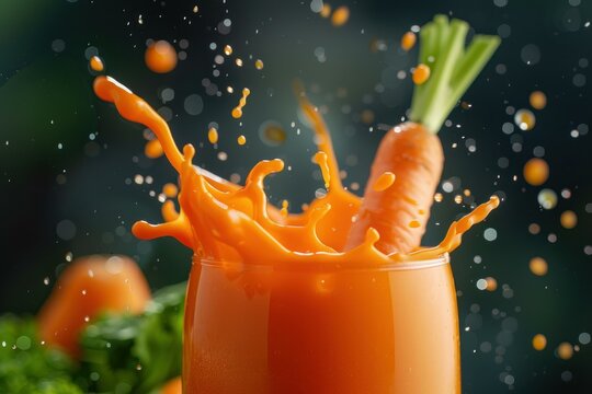 Carrot splashing into a glass of carrot juice, creating a dynamic orange splash against a dark background