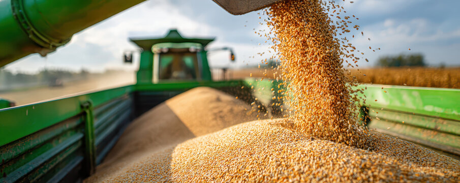 Combine harvester unloading harvested wheat into a trailer under a sunny sky