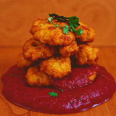 A stack of crispy fried chicken tenders arranged on a bed of red sauce with fresh cilantro garnish, served on a wooden surface in a warm, inviting setting