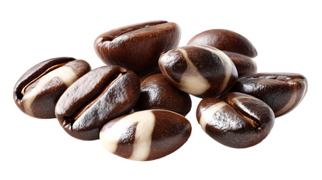 A pile of coffee beans with a brown and white stripe