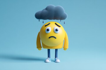 Sad emoji character with a dark cloud illustrating depression, sadness and negativity against a light blue background.
