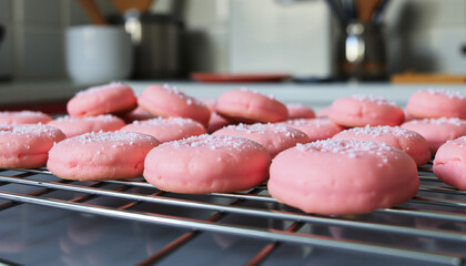 Close-up of pink frosted cookies with sprinkles cooling on a wire rack in a cozy kitchen setting