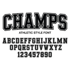 American college classic font. Vintage sports font in American style for T-shirt designs for football, baseball, and basketball teams. College, school and varsity style font, tackle twill stock 