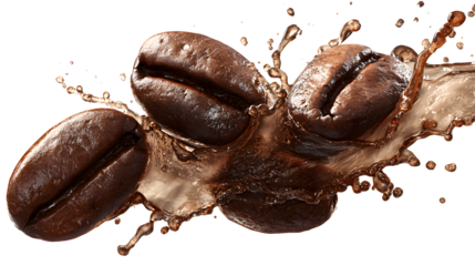 Three coffee beans are floating in a splash of water