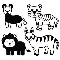 Cute cartoon safari animals including a lion tiger zebra and bear