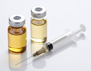 Two vials filled with yellow liquid and a syringe with a needle on a white surface.