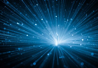 Naklejka premium A radiant light bursts forth from the center, surrounded by blue rays and particles, creating a dynamic and futuristic scene, viewed from a straight-on perspective.