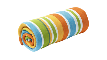 Rolled beach towel in striped pattern, summer vacation concept, isolated PNG on white