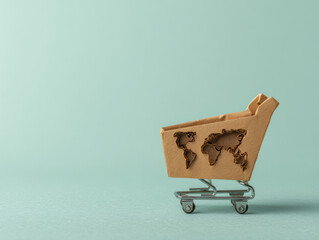 miniature shopping cart holds a cardboard cutout shaped like a world map, symbolizing global commerce or international trade.