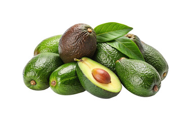 Pile of fresh avocados with leaves and one sliced in half