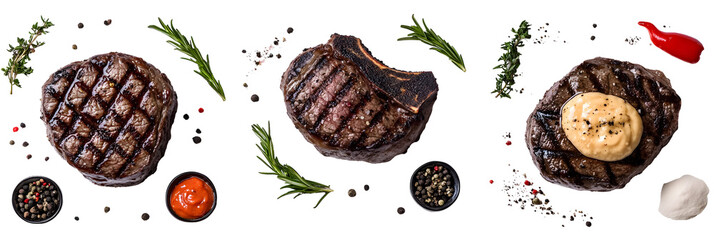 Gourmet steak composition: delicious grilled cuts with aromatic herbs on black background