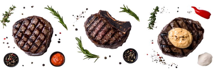 Gourmet steak composition: delicious grilled cuts with aromatic herbs on black background
