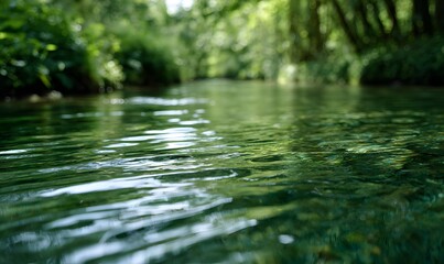 The clear water of the river reflects the green trees, creating beautiful ripples on its surface, Generative AI