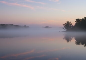 Fototapeta premium Serene lake at dawn with misty fog, trees, and a soft pink sky reflection in calm waters