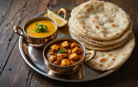 Traditional indian meal featuring creamy dal tadka and spicy paneer curry with soft roti bread