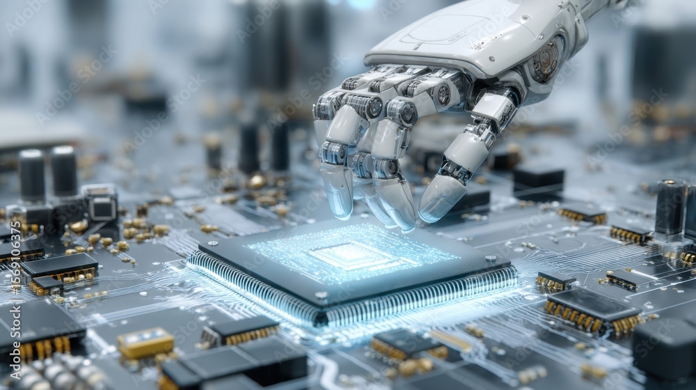 Poster an overhead perspective of a robotic arm securely holding a microchip surrounded by intricate circui