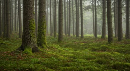 Obraz premium Misty Forest, Mossy Trees, Green Landscape
