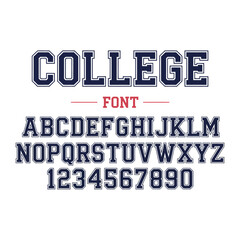 Classic college font with the contours. Used for football, baseball or basketball logos and T-shirts. It is made in the American style. Vector illustration.
