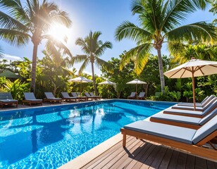 Obraz premium 야자수로 둘러싸인 고급 리조트 수영장 Luxury Resort Pool Surrounded by Palm Trees