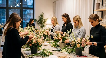A group of women are creating floral arrangements at a workshop, focusing on the flowers and design.