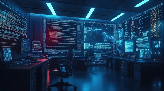 A server room filled with glowing computer screens displaying data.