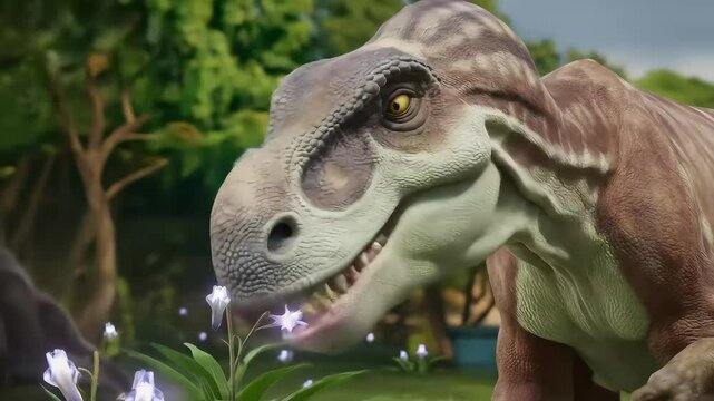 A close-up of a striped dinosaur curiously sniffing a small, glowing purple flower in a lush green prehistoric forest