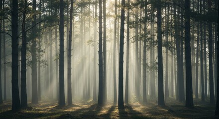 Obraz premium Sunbeams through Misty Forest, Magical Atmosphere