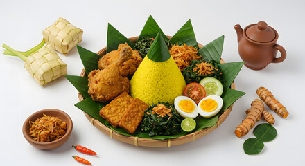 Indonesian Nasi Kuning Turmeric Rice with Chicken, Tempeh, and Eggs
