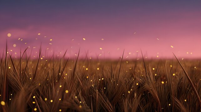 Fireflies flying above field of tall wheat under a pink sunset sky warm natural colors enhancing golden lights peaceful rural setting low angle cinematic custom view